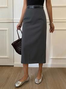 DAZY Women's Solid Color Slit Skirt,Pencil Skirt School - Grey - View 12