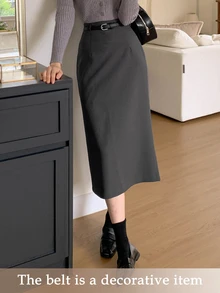 DAZY Women's Solid Color Slit Skirt,Pencil Skirt School - Grey - View 1
