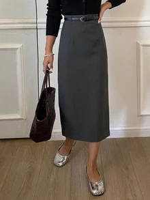 DAZY Women's Solid Color Slit Skirt,Pencil Skirt School - Grey - View 10