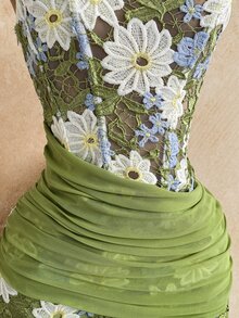Soleia Women's Sexy Strapless Lace Textured Draped Mesh Pleated Bustier Mini Dress, Date,Music Festival, Daily Commute, Wedding Season, Party, Ruching - Multicolor - View 8