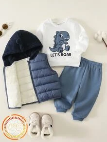 SHEIN Baby Boy Baby Boy 3pcs Autumn/Winter Fleece Thickened Jacket Set, Dinosaur Patchwork Embroidered Sweatshirt And Hooded Jacket And Sweatpants Set, Tracksuit, Fleece, Thickened - Navy Blue - View 10