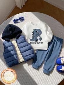 SHEIN Baby Boy Baby Boy 3pcs Autumn/Winter Fleece Thickened Jacket Set, Dinosaur Patchwork Embroidered Sweatshirt And Hooded Jacket And Sweatpants Set, Tracksuit, Fleece, Thickened - Navy Blue - View 1