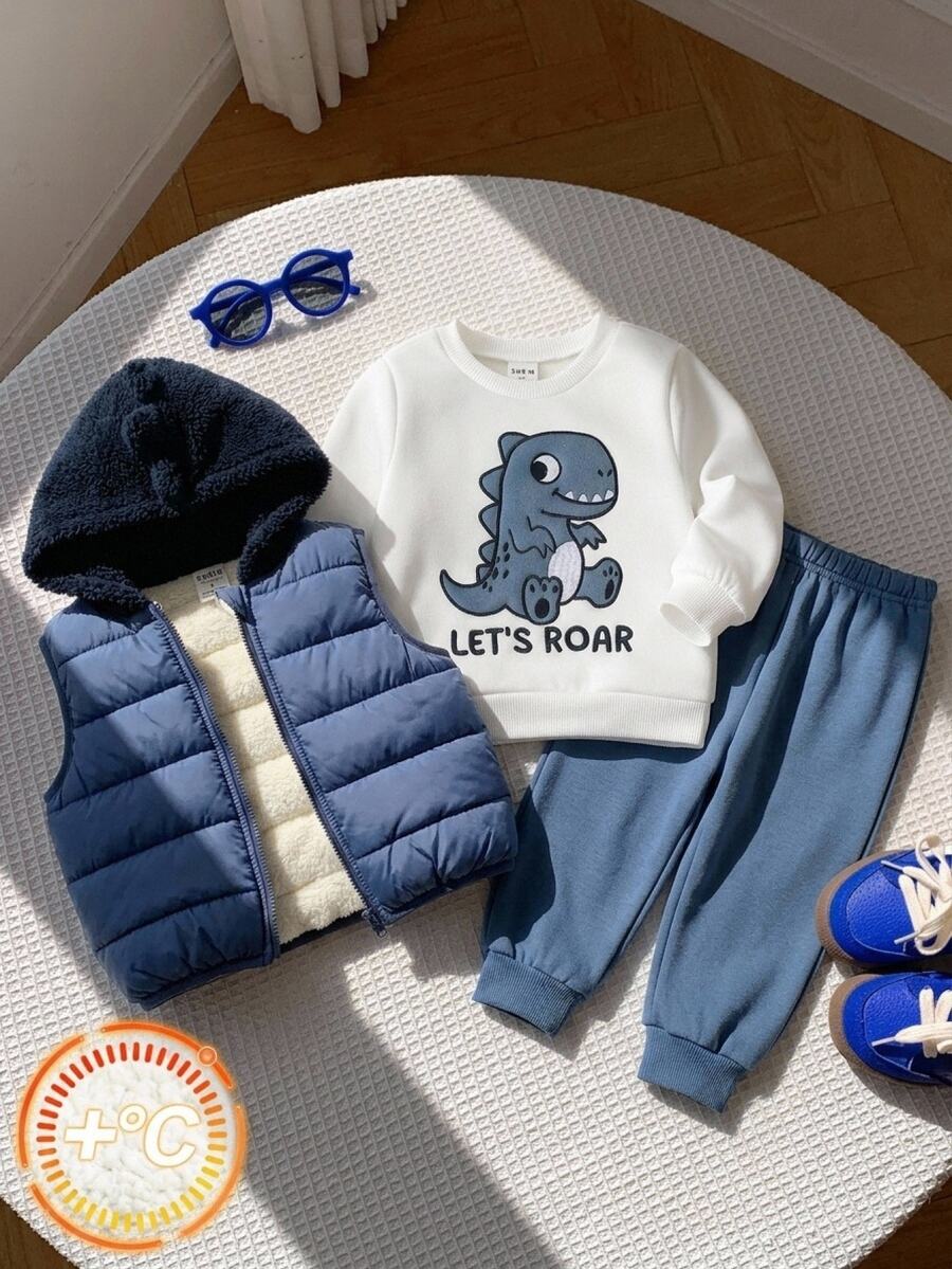 SHEIN Baby Boy Baby Boy 3pcs Autumn/Winter Fleece Thickened Jacket Set, Dinosaur Patchwork Embroidered Sweatshirt And Hooded Jacket And Sweatpants Set, Tracksuit, Fleece, Thickened - Navy Blue - View 1