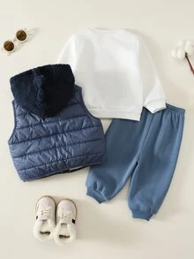 SHEIN Baby Boy Baby Boy 3pcs Autumn/Winter Fleece Thickened Jacket Set, Dinosaur Patchwork Embroidered Sweatshirt And Hooded Jacket And Sweatpants Set, Tracksuit, Fleece, Thickened - Navy Blue - View 2
