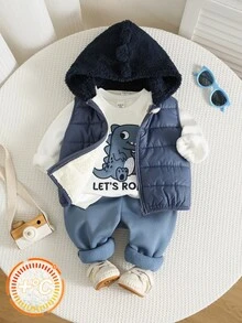 SHEIN Baby Boy Baby Boy 3pcs Autumn/Winter Fleece Thickened Jacket Set, Dinosaur Patchwork Embroidered Sweatshirt And Hooded Jacket And Sweatpants Set, Tracksuit, Fleece, Thickened - Navy Blue - View 3