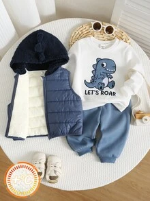 SHEIN Baby Boy Baby Boy 3pcs Autumn/Winter Fleece Thickened Jacket Set, Dinosaur Patchwork Embroidered Sweatshirt And Hooded Jacket And Sweatpants Set, Tracksuit, Fleece, Thickened - Navy Blue - View 8