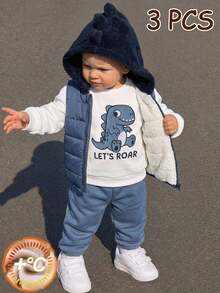 SHEIN Baby Boy Baby Boy 3pcs Autumn/Winter Fleece Thickened Jacket Set, Dinosaur Patchwork Embroidered Sweatshirt And Hooded Jacket And Sweatpants Set, Tracksuit, Fleece, Thickened - Navy Blue - View 9