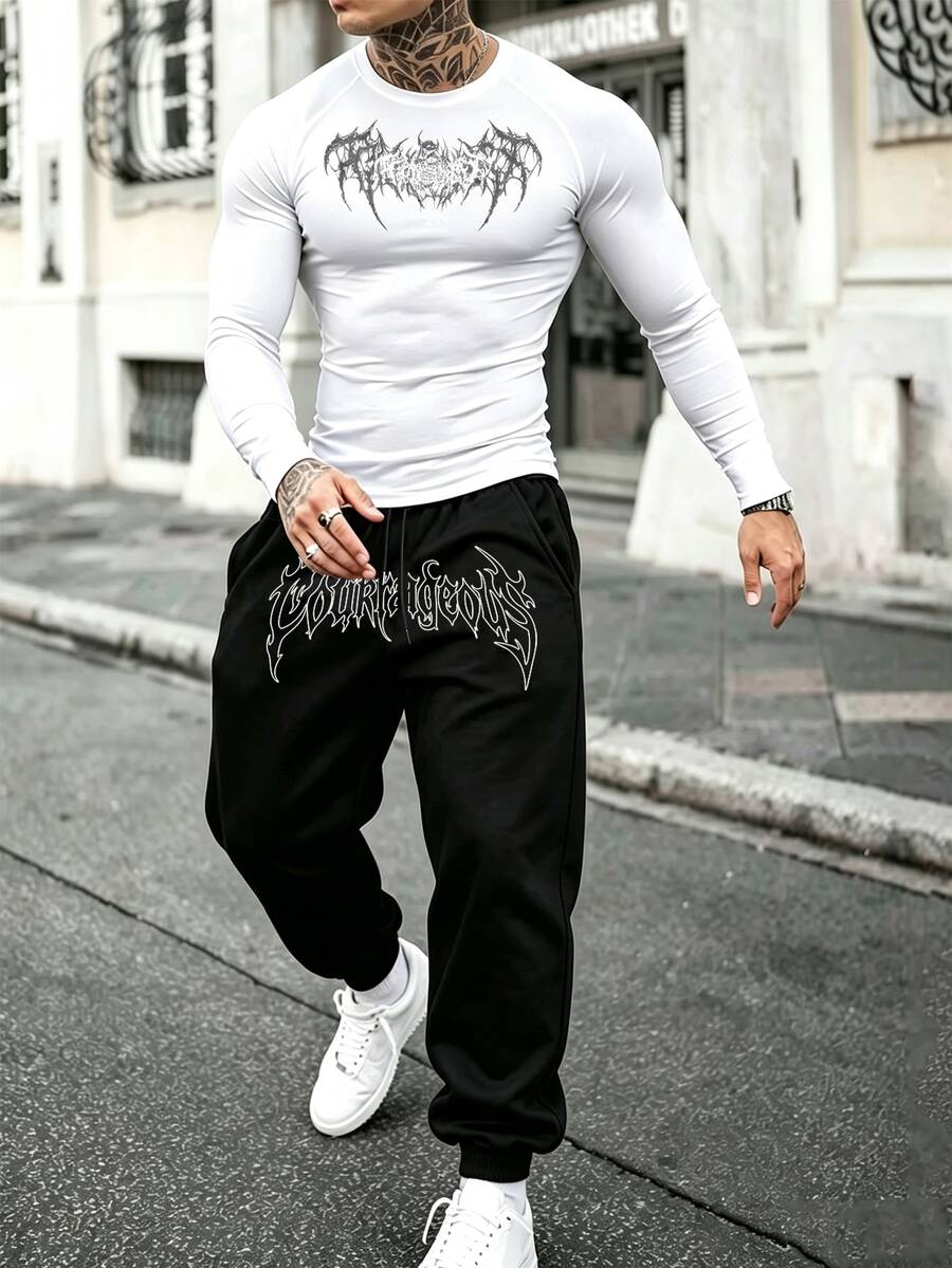 Gym Rark 男士字母印花長袖上衣與長褲休閒日常運動套裝,健身房適用 - 白色 - 查看 1