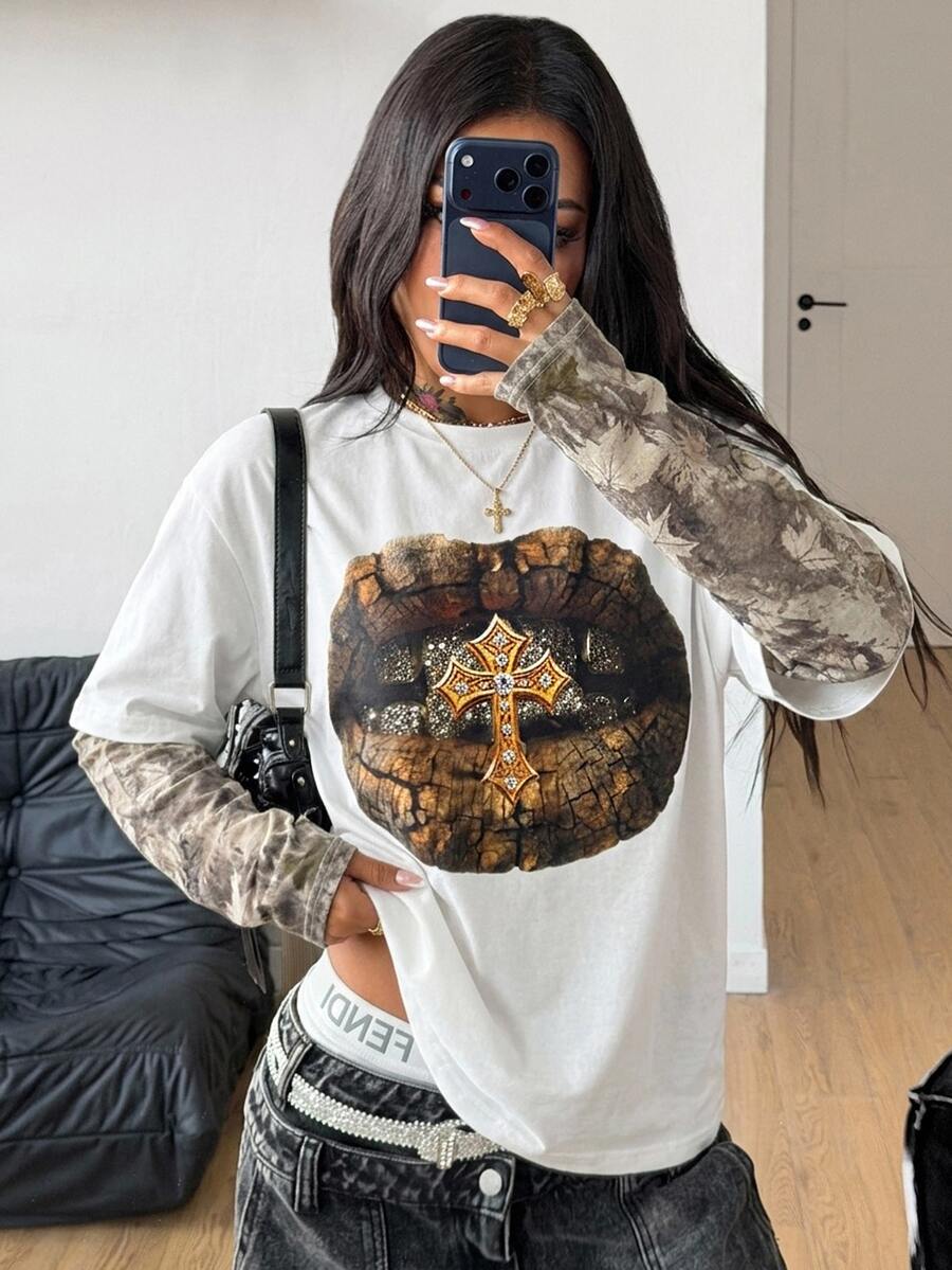Coolane 女款十字圖案 2 合 1 拼接休閒百搭日常穿著 T 恤