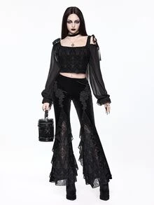 ROMWE Women's Flocked Flare Pants With Applique Flocked Court Goth Luxurious - Black - View 6