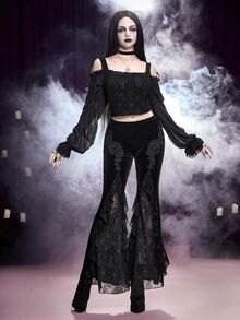 ROMWE Women's Flocked Flare Pants With Applique Flocked Court Goth Luxurious - Black - View 8