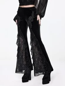 ROMWE Women's Flocked Flare Pants With Applique Flocked Court Goth Luxurious - Black - View 5