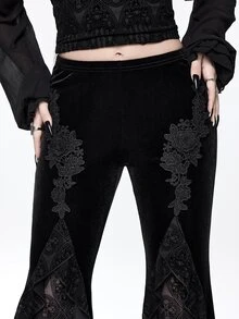 ROMWE Women's Flocked Flare Pants With Applique Flocked Court Goth Luxurious - Black - View 7