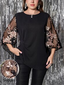 Reflora Plus Size Women's Patchwork Floral Sequin Mesh Flare Sleeve Elegant Blouse Fall - Black - View 9