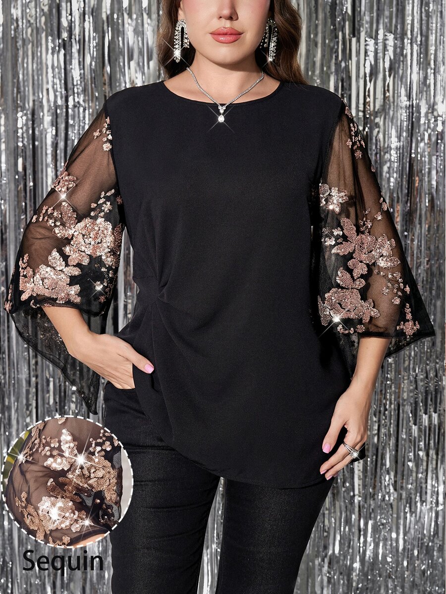 Reflora Plus Size Women's Patchwork Floral Sequin Mesh Flare Sleeve Elegant Blouse Fall