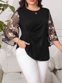 Reflora Plus Size Women's Patchwork Floral Sequin Mesh Flare Sleeve Elegant Blouse Fall - Black - View 8