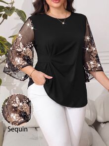 Reflora Plus Size Women's Patchwork Floral Sequin Mesh Flare Sleeve Elegant Blouse Fall - Black - View 2