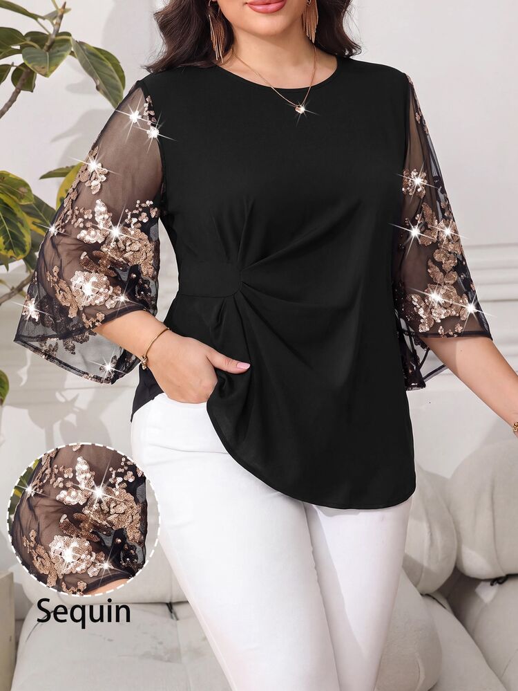 Reflora Plus Size Women's Patchwork Floral Sequin Mesh Flare Sleeve Elegant Blouse Fall - Black - View 1