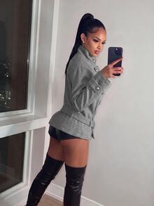 Amplova Chaqueta tipo gabardina estilo Nizi para mujer con cinturón, botones, tiras finas, nudo de cintura ultra bajo, corte holgado - Gris - Ver 6