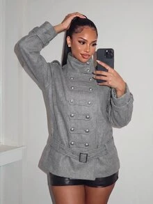 Amplova Chaqueta tipo gabardina estilo Nizi para mujer con cinturón, botones, tiras finas, nudo de cintura ultra bajo, corte holgado - Gris - Ver 7
