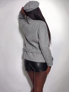 Amplova Chaqueta tipo gabardina estilo Nizi para mujer con cinturón, botones, tiras finas, nudo de cintura ultra bajo, corte holgado - Gris - Ver 2