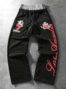ROMWE MEN Men's Loose Fit Streetwear Sweatpants With Double Waistband And Calligraphy Print - Black - View 1