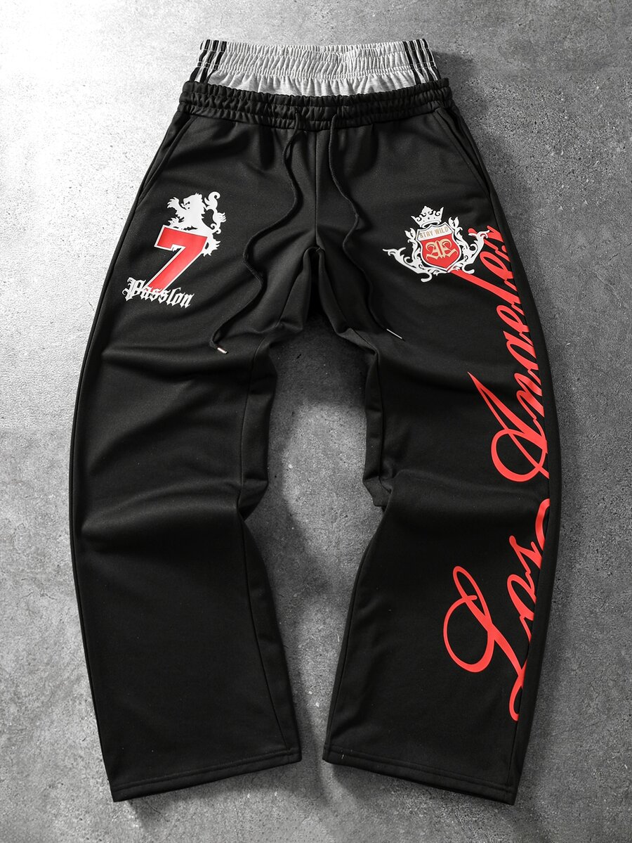 ROMWE MEN Men's Loose Fit Streetwear Sweatpants With Double Waistband And Calligraphy Print - Black - View 1