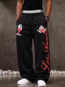 ROMWE MEN Men's Loose Fit Streetwear Sweatpants With Double Waistband And Calligraphy Print - Black - View 5