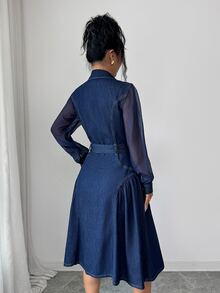 Elenzga Women's Casual Denim Dress With Belt, Autumn - Blue - View 2