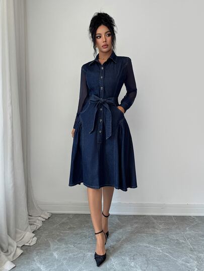 Elenzga Đầm denim nữ phong cách thường ngày kèm thắt lưng, mùa thu