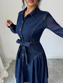 Elenzga Women's Casual Denim Dress With Belt, Autumn - Blue - View 4