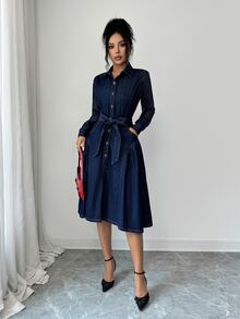 Elenzga Women's Casual Denim Dress With Belt, Autumn - Blue - View 3