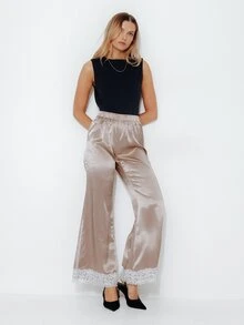 Pimkie Edition Women's Lace Patchwork Casual Versatile Daily Wear Long Pants - Khaki - View 1