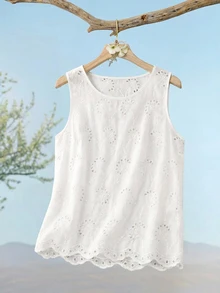 Rusticease Women's Vacation Casual Cottagecore Vintage Solid Color Hollow Out Embroidered Sleeveless Blouse Brunch White Floral Summer - White - View 2