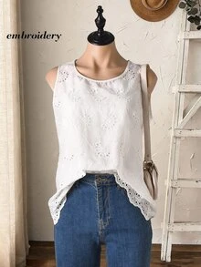 Rusticease Women's Vacation Casual Cottagecore Vintage Solid Color Hollow Out Embroidered Sleeveless Blouse Brunch White Floral Summer - White - View 3