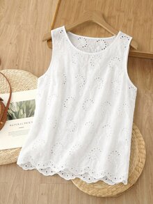 Rusticease Women's Vacation Casual Cottagecore Vintage Solid Color Hollow Out Embroidered Sleeveless Blouse Brunch White Floral Summer - White - View 7