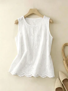 Rusticease Women's Vacation Casual Cottagecore Vintage Solid Color Hollow Out Embroidered Sleeveless Blouse Brunch White Floral Summer - White - View 4