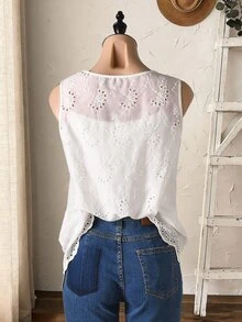 Rusticease Women's Vacation Casual Cottagecore Vintage Solid Color Hollow Out Embroidered Sleeveless Blouse Brunch White Floral Summer - White - View 8