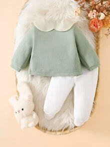 SHEIN 2件組女嬰羊毛外套打底褲套裝 鼠尾草綠 秋冬家庭套裝 幼兒彼得潘領襯衫套裝 新生兒秋冬服飾 白色 - 綠色 - 查看 3