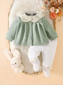 SHEIN 2件組女嬰羊毛外套打底褲套裝 鼠尾草綠 秋冬家庭套裝 幼兒彼得潘領襯衫套裝 新生兒秋冬服飾 白色 - 綠色 - 查看 4