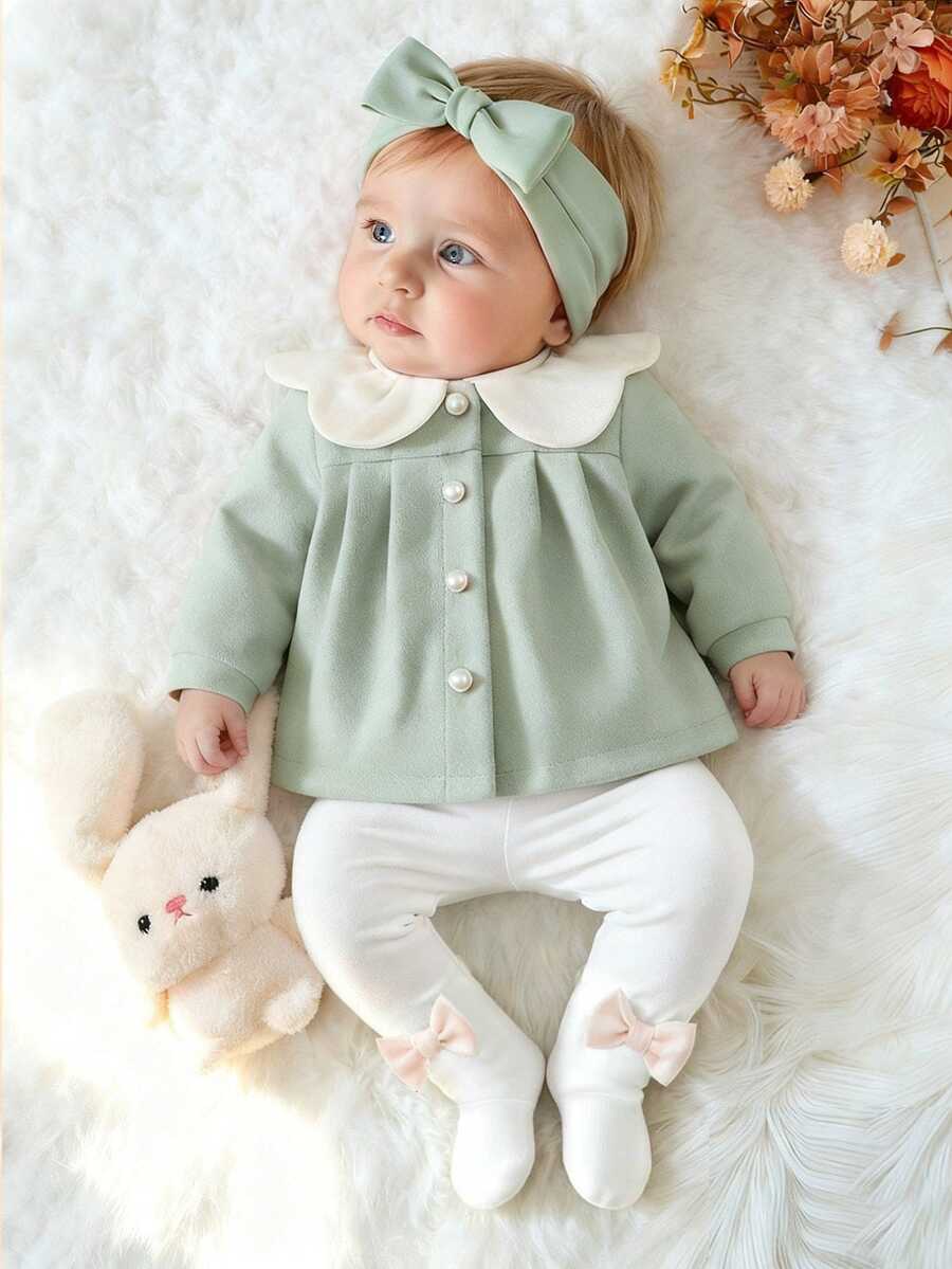 SHEIN 2件組女嬰羊毛外套打底褲套裝 鼠尾草綠 秋冬家庭套裝 幼兒彼得潘領襯衫套裝 新生兒秋冬服飾 白色