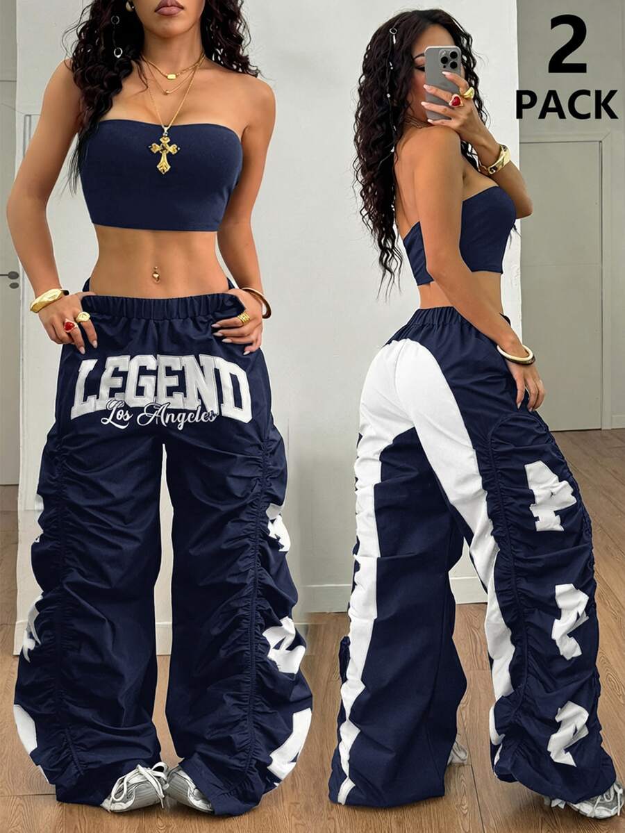 Coolane Women's Summer Streetwear Ricing Athleisure Number Pattern Slim Fit Crop Tube Top And Wide Leg Joggers Two Pieces Outfits - Navy Blue - View 1