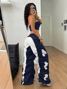 Coolane Women's Summer Streetwear Ricing Athleisure Number Pattern Slim Fit Crop Tube Top And Wide Leg Joggers Two Pieces Outfits - Navy Blue - View 6