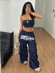 Coolane Women's Summer Streetwear Ricing Athleisure Number Pattern Slim Fit Crop Tube Top And Wide Leg Joggers Two Pieces Outfits - Navy Blue - View 4