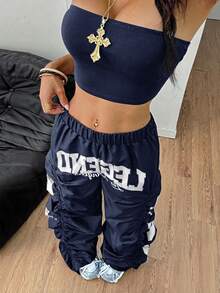 Coolane Women's Summer Streetwear Ricing Athleisure Number Pattern Slim Fit Crop Tube Top And Wide Leg Joggers Two Pieces Outfits - Navy Blue - View 3
