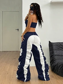 Coolane Women's Summer Streetwear Ricing Athleisure Number Pattern Slim Fit Crop Tube Top And Wide Leg Joggers Two Pieces Outfits - Navy Blue - View 2