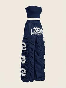 Coolane Women's Summer Streetwear Ricing Athleisure Number Pattern Slim Fit Crop Tube Top And Wide Leg Joggers Two Pieces Outfits - Navy Blue - View 8