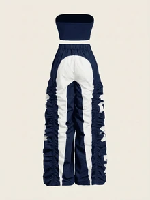 Coolane Women's Summer Streetwear Ricing Athleisure Number Pattern Slim Fit Crop Tube Top And Wide Leg Joggers Two Pieces Outfits - Navy Blue - View 9