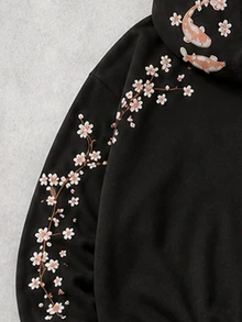 Manfinity EMRG Men's Koi Fish & Cherry Blossom Embroidered Hoodie And Pants Set, Black Japanese , Goth - Black - View 8