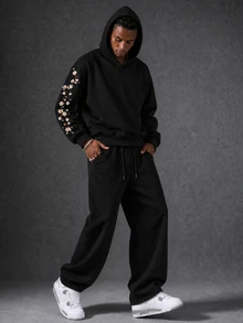 Manfinity EMRG Men's Koi Fish & Cherry Blossom Embroidered Hoodie And Pants Set, Black Japanese , Goth - Black - View 6
